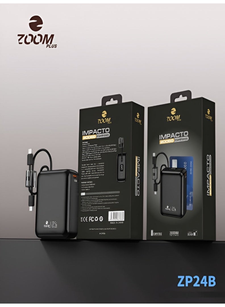 زوم بلس بنك الطاقة Zoom Plus IMPACTO فائق الصغر بسعة 20000 مللي أمبير - شاحن محمول سريع الشحن بقوة 22.5 واط مع كابلات USB-C و Lightning مدمجة، وشاشة رقمية، ومناسب للسفر (ZP24B) - Image 4